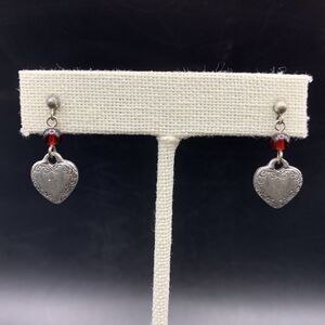 Danforth Pewter Heart Earrings Dainty Silver Tone Red Bead 1997 Pierced Vintage